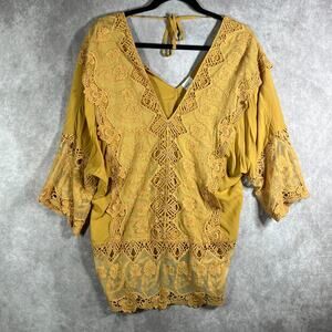 Mind Set By XCVI Top Womens Large Yellow Lace Crochet V-Neck Boho Festival NEW
